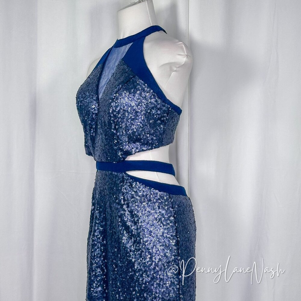 Alyce Paris Sequin Halter V Neck Cutout Fitted Cocktail Dress Navy - Picture 8 of 13